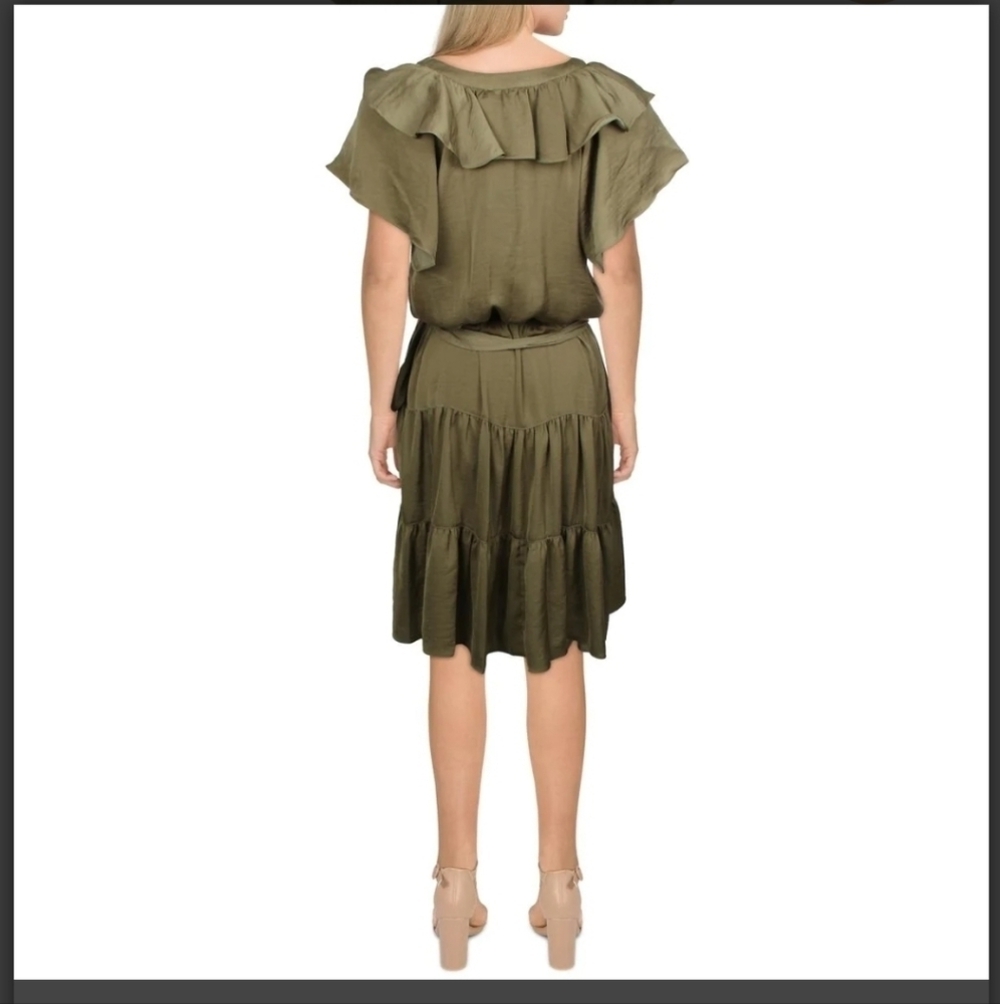 💚HP💚NWT Lauren Ralph Lauren Satin Belted Mini Dress Tiered Ruffle Hem Olive - Picture 9 of 11